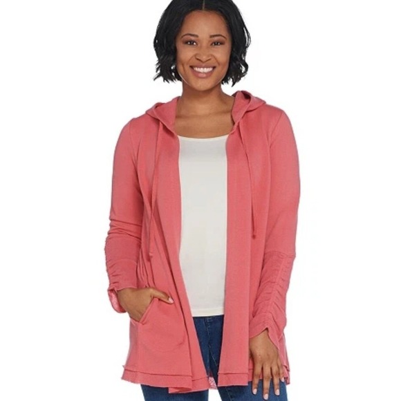 LOGO by Lori Goldstein Sweaters - LOGO Lori Goldstein French Terry Open Front Hoodie Coral Petal XL Coastal Boho